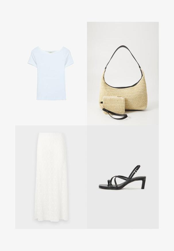 Witte t-shirt van ribstof, met een ruime ronde halslijn en korte mouwen. Eenvoudig ontwerp zonder patronen of accenten.; Witte maximale jurk van kant met een gestructureerd patroon, elastische tailleband en een vloeiende vorm. De stof lijkt licht en luchtig.; Zwarte sandaal met bandjes, vierkante teen en een lage blokhak. Voorzien van meerdere dunne bandjes en een verstelbare enkelband. Gemaakt van zacht leer.; Geweven strohandtas met een gebogen silhouet, voorzien van een soepele zwarte leren schouderband en een bijpassend klein zakje dat is bevestigd met een polsband.