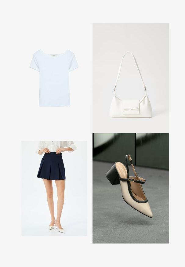 Vit t-shirt i ribbad tyg, med en bred rund halsringning och korta ärmar. Enkel design utan mönster eller detaljer.; Marinblå plisserad kjol med hög midja och slät yta, har skarpa knivplisseringar och en minimalistisk design. Bärs med vita klackar.; Beige spetstoppad slingback-sko med svart kant, guldspänne och en kraftig blockklack på grått golv med mörkgrön bakgrund.; Vit syntetisk handväska med triangulär form, platt framklaff och rosettdetalj, justerbar rem, slät textur och minimalistisk design.