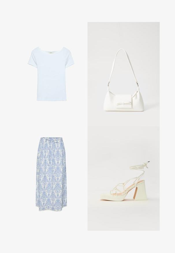 Valkoinen t-paita ribbikankaasta, jossa on leveä pyöreä pääntie ja lyhyet hihat. Yksinkertainen malli ilman kuvioita tai koristeita.; Valkoinen hame, jossa sinisiä kukkakuoseja, varustettu laskoksilla ja pitsireunuksella helman ympärillä. Kevyestä kankaasta valmistettu, vyötäröllä nauhakiinnitys.; Valkoinen korkokenkä, jossa on paksu korko, ja joka sisältää nauhakiinnityksen ja nilkkaketjun. Sujuva pinta, jossa on platform-etupohja lisäkorkeutta varten.; Valkoinen synteettinen käsilaukku, jossa on kolmikulmainen muoto, tasainen etu läppä ja nauhadetail, säädettävä olkahihna, sileä rakenne ja minimalinen muotoilu.