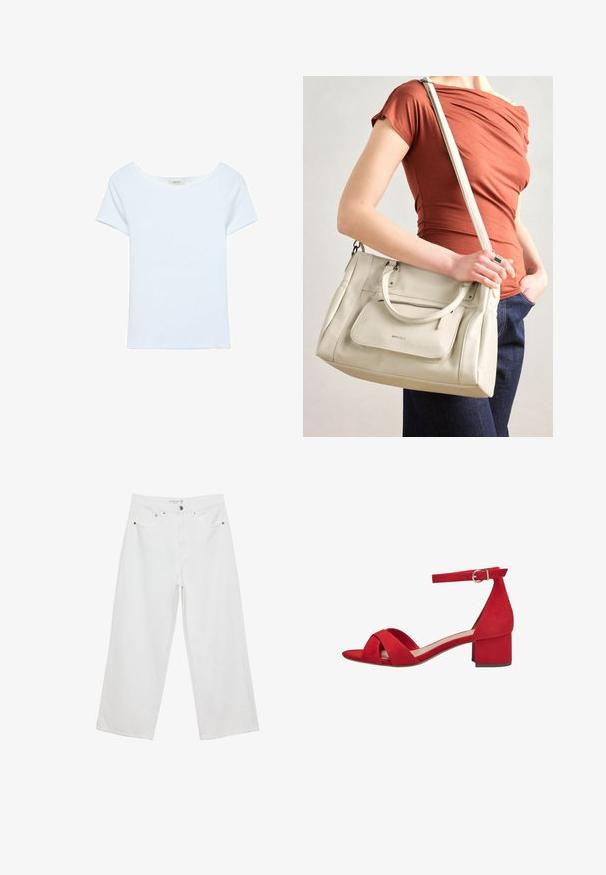 Bílá tričko vyrobené z žebrované látky, s širokým výstřihem a krátkými rukávy. Jednoduchý design bez vzorů nebo akcentů.; Bílé široké džíny z denimu s vysokým pasem, které mají pět kapes a kovové ozdoby. Hladký povrch, bez viditelných vzorů.; Červené semišové sandály na podpatku s otevřenou špičkou, které mají blokový podpatek a kotníkový pásek s kovovou přezkou, design s křížovými pásky a hladký povrch.; Bílá kožená kabelka s dvojitými uchy a odnímatelným popruhem, která má přední zipovou kapsu a hladký povrch. Nese se na paži osoby.