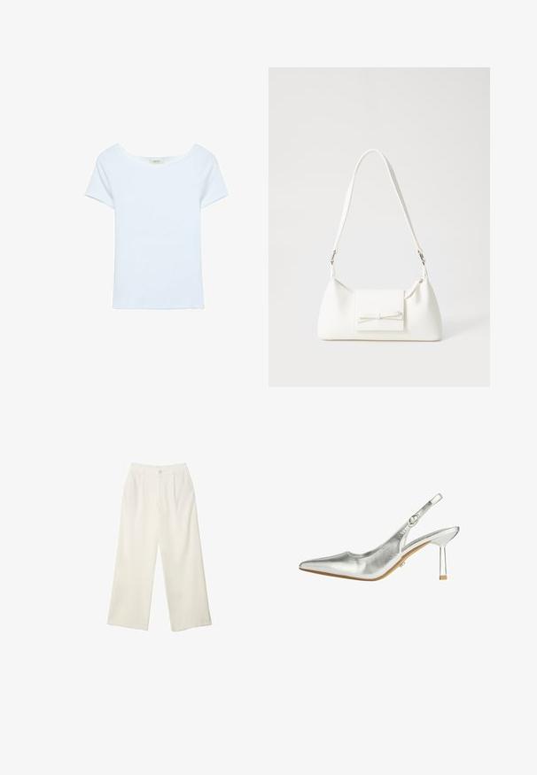 Bijela majica od rebrastog materijala, sa širokim izrezom i kratkim rukavima. Jednostavan dizajn bez uzoraka ili akcenta.; Hlače širokih nogavica od kremaste tkanine s glatkom teksturom, s jednim prednjim gumbom, suptilnim plitvicama i visokim strukom.; Lipsy Klasične cipele s visokom petom - silver; Bijela sintetička torbica s trokutastim oblikom, ravnim prednjim poklopcem i detaljem u obliku mašne, podesivom remenom, glatkom teksturom i minimalističkim dizajnom.