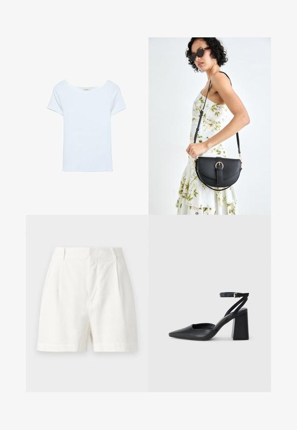T-shirt blanc en tissu ribbé, avec un large col en scoop et des manches courtes. Design simple sans motifs ni accents.; Shorts en lin blanc présentant une coupe ajustée, des plis avant et une texture lisse. Le design comprend une taille mi-haute et des poches latérales.; Escarpin noir en cuir à bout pointu avec une bride de cheville et un talon épais. Texture lisse, design élégant et esthétique minimaliste.; Sac à main en cuir noir avec une forme courbée, bandoulière amovible et des accessoires en or. Le sac est doté d'un rabat avec un détail de boucle.