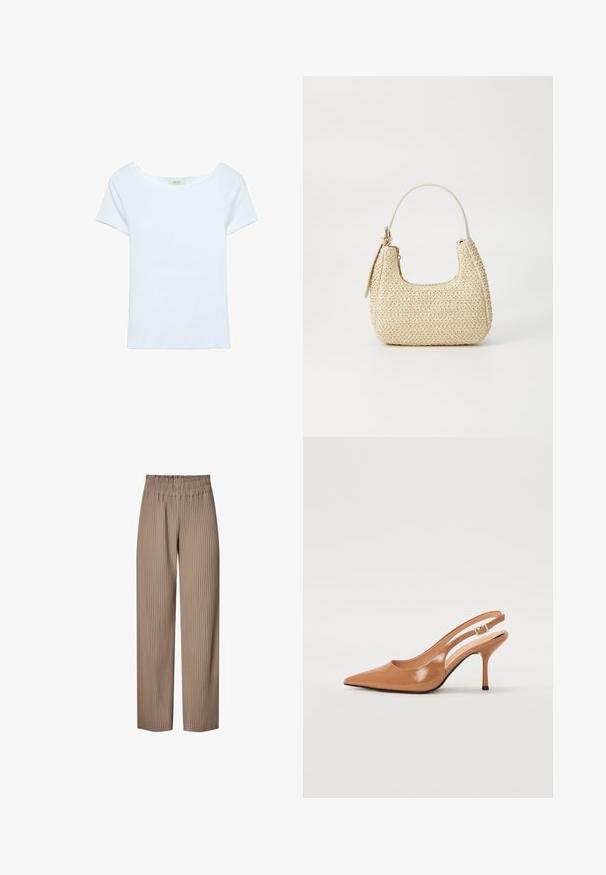 Bela majica iz ribanega materiala, z širokim izrezom in kratkimi rokavi. Preprost dizajn brez vzorcev ali okrasnih elementov.; Plisirane hlače širokega kroja v svetlo rjavi tkanini z elastičnim pasom, ki vsebujejo navpične črte za dodatno teksturo in oblikovanje.; Slinčaste pete z ostro konico v gladkem, sijočem bež materialu. Imajo ukrivljen rez in vitko stiletto peto. Podrobnost s srebrno zaponko.; Tkaná slamnata torba v bež barvi s ukrivljeno obliko, kratko ročico in stranskim zadrgo. Ima teksturirano površino in minimalističen dizajn.