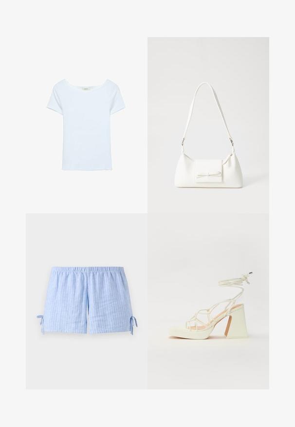 Valkoinen t-paita ribbikankaasta, jossa on leveä pyöreä pääntie ja lyhyet hihat. Yksinkertainen malli ilman kuvioita tai koristeita.; Siniset olalta paljastavat shortsit, joissa on valkoiset pystysuorat raidat, joustava vyötärö ja sivusiteet. Kevyt kangas ja rento istuvuus.; Valkoinen korkokenkä, jossa on paksu korko, ja joka sisältää nauhakiinnityksen ja nilkkaketjun. Sujuva pinta, jossa on platform-etupohja lisäkorkeutta varten.; Valkoinen synteettinen käsilaukku, jossa on kolmikulmainen muoto, tasainen etu läppä ja nauhadetail, säädettävä olkahihna, sileä rakenne ja minimalinen muotoilu.