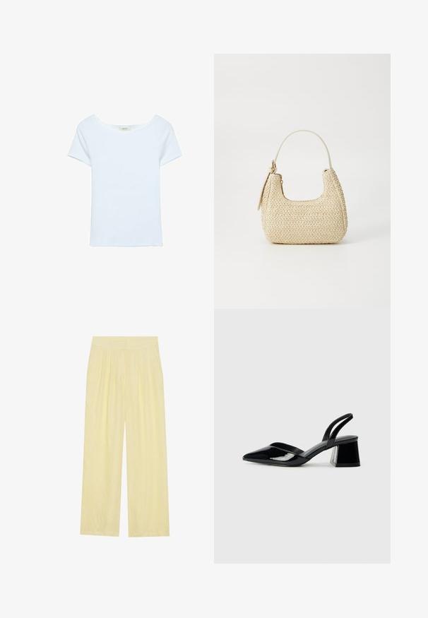 Vit t-shirt i ribbad tyg, med en bred rund halsringning och korta ärmar. Enkel design utan mönster eller detaljer.; Ljust gula vida byxor i en strukturväv med plisserad front och hög elastisk midja.; Svarta lackläder slingback klackar med spetsig tå och geometrisk klack. Har en elegant, minimalistisk design och slät yta.; Vävd halmhandväska i beige med en kurvad form, ett kort handtag och en sidoglid. Har en texturerad yta och minimalistisk design.