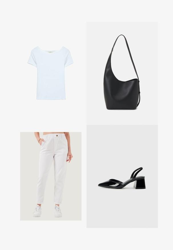 White t-shirt made of ribbed fabric, featuring a wide scoop neckline and short sleeves. Simple design with no patterns or accents.; White, elastic-waist pants with a button detail, side pockets, tapered legs, and rolled cuffs, worn with white sneakers on a light background.; Black patent leather slingback heels with a pointed toe and a geometric block heel. Features a sleek, minimal design and smooth texture.; Black leather hobo bag with a smooth texture, curved shape, and single adjustable strap; features a wide opening at the top.