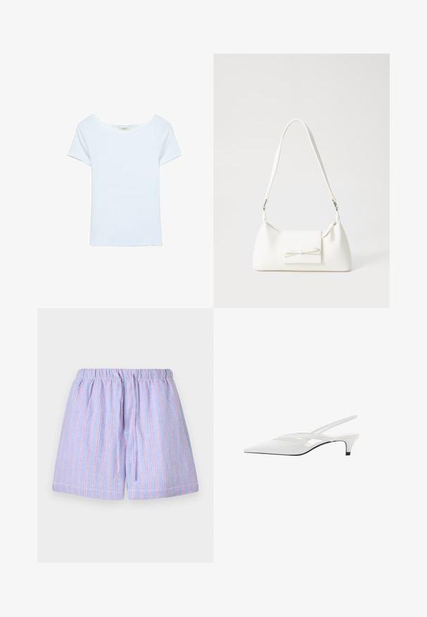 T-shirt blanc en tissu ribbé, avec un large col en scoop et des manches courtes. Design simple sans motifs ni accents.; Shorts violet clair avec des rayures verticales roses, dotés d'une taille élastique et d'un cordon de serrage. Fabriqués en tissu doux avec une coupe décontractée.; Escarpin blanc à brides arrière avec un bout pointu, présentant un dessus lisse, des découpes discrètes et un petit talon bloc. La semelle noire met en valeur le design.; Sac à main synthétique blanc en forme triangulaire, avec un rabat avant plat et un détail en nœud, une bandoulière ajustable, une texture lisse et un design minimaliste.