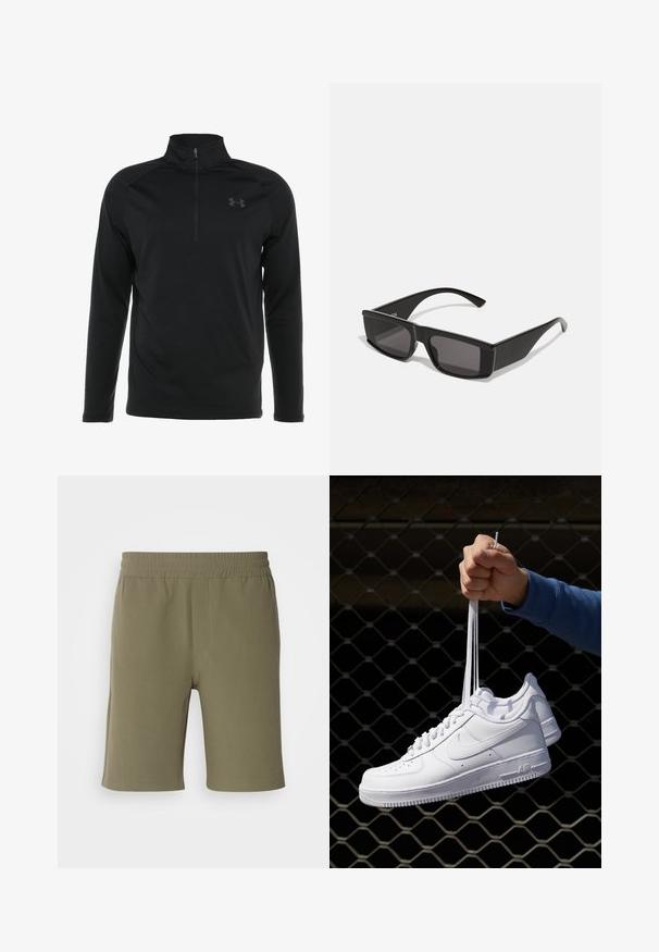 Melna garo piedurknu puloveršvaka ar puscimda kokvilnas apkakli, izgatavota no gludas, elastīgas auduma, ar diskrētu logotipu uz krūtīm.; Olīvu zaļi šorti ar elastīgu jostu, taisnu piegriezumu un gludu tekstūru. Funkcionāls dizains bez kabatām vai rotājumiem.; Baltas ādas sporta apavi ar perforācijām, apaļu purngali, plakanu zoli un biezām šņorēm, ar redzamu swoosh logo un vārdu "AIR" uz papēža.; Melni saulesbrilles ar taisnstūrveida ietvariem un tumšiem lēcu. Izgatavotas no spīdīga plastmasas, ar leņķainu dizainu un slaidām kājām.
