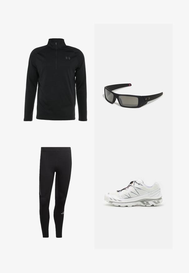 Tricou pulover negru cu mânecă lungă și guler cu fermoar pe jumătate, realizat dintr-un material neted și elastic, având un logo subtil pe piept.; Leggings negri pentru sport din material elastic, cu o talie înaltă, accente reflective și un logo aproape de gleznă. Textură netedă.; Pantofii sport albi cu un superior texturat, accente reflective și o talpă gri. Presenta modele triunghiulare accentuate și un sistem de șireturi rapide.; Ochelari de soare negri cu o finisare mată, lentile dreptunghiulare, curbură ușoară pe bănci, detaliu subtil cu logo și lentile cu tentă fumurie.