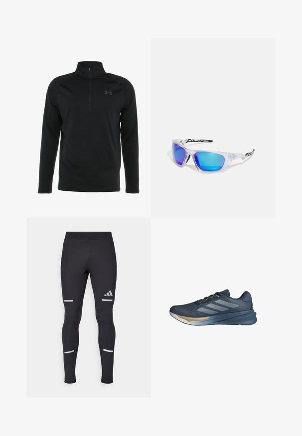 Sudadera negra de manga larga con cuello de media cremallera, hecha de un tejido suave y elástico, con un sutil logo en el pecho.; Leggings deportivos negros con un diseño ajustado, hechos de un material elástico. Presentan acentos reflectantes y puños con cremallera para mayor funcionalidad.; adidas Performance SUPERNOVA STRIDE 2 - Zapatillas running asfalto - preloved ink cloud white dark blue; Gafas de sol deportivas con montura clara, lentes espejados en azul y morado, diseño angular y detalles en negro en las patillas.