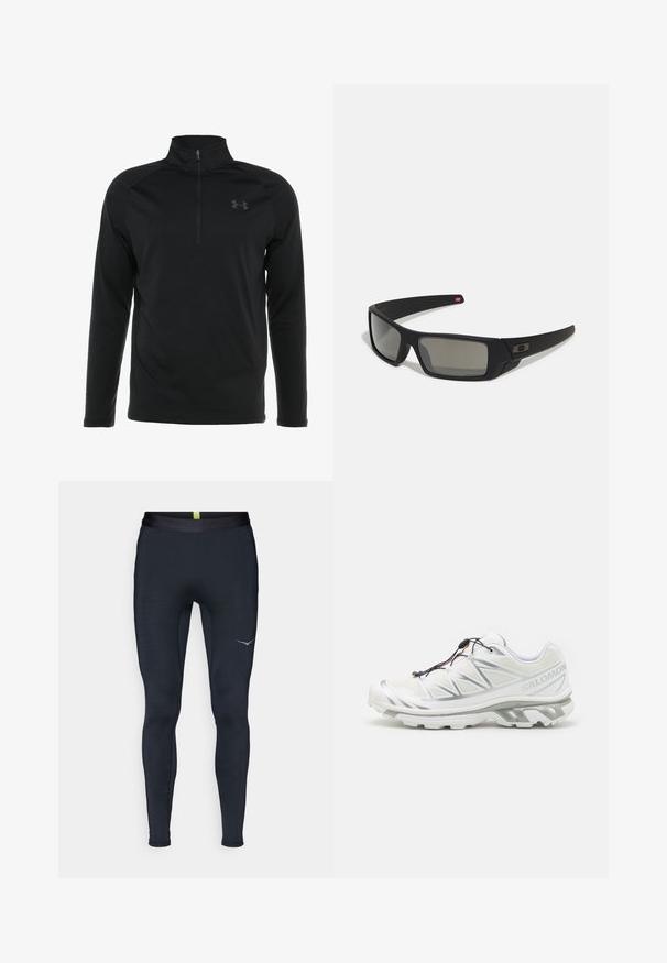Czarna bluza z długim rękawem z kołnierzykiem na zamek błyskawiczny, wykonana z gładkiego, elastycznego materiału, z dyskretnym logo na piersi.; Granatowe legginsy sportowe wykonane z elastycznego materiału, z gładkim pasem, dopasowanym krojem i odblaskowym logo z boku.; Białe buty sportowe z teksturowanym wierzchem, odblaskowymi akcentami i szarym podbiciem. Posiadają wyraźne trójkątne wzory oraz system szybkiego sznurowania.; Czarne okulary przeciwsłoneczne z matowym wykończeniem, prostokątne soczewki, lekko wygięte zauszniki, subtelny detal z logo oraz szkła w odcieniu dymnym.