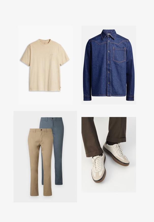 Beige puuvillane T-särk ümmarguse kaeluse ja lühikeste varrukatega. Rinnal on peene "Levi's" logo samas värvis. Pehme tekstuur.; Tumesinine teksas pikkade varrukatega särk, millel on terav krae, nööbiga esikülg, rinna Tasku ja kontrastsed oranžid õmblused.; Kaks paari sirge jala pükse: üks khaki ja teine tume sinine. Valmistatud puuvillast; omab vöökohta ja nupulukk.; Bežid spordijalised, millel on tekstuuriga suede esiosa, siledast nahast küljed ja pruun kummitald. Lisatud on paelad ja heledad õmbluse detailid.