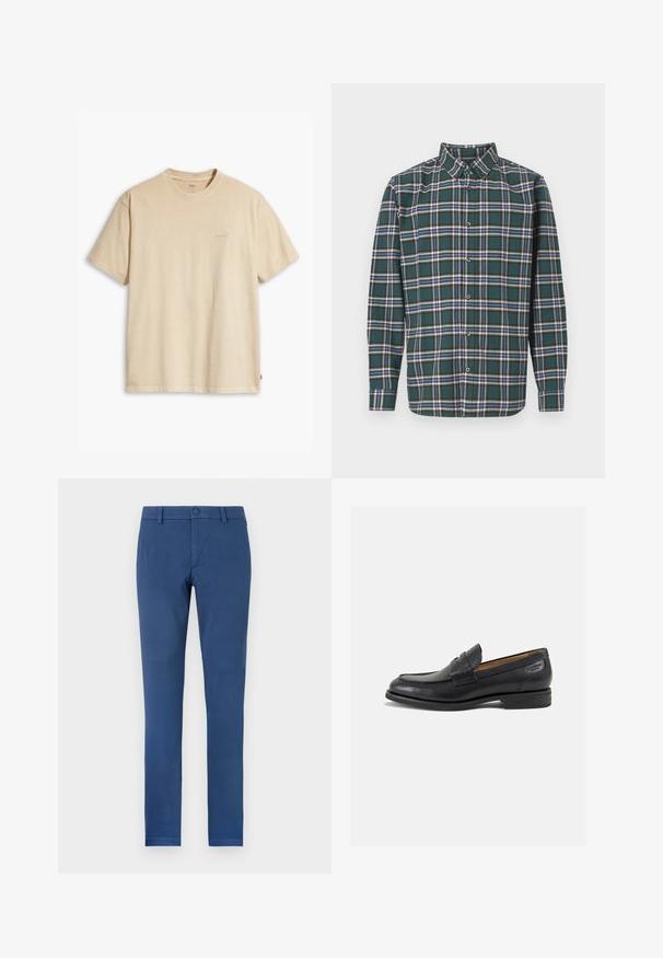 Beige pamut póló kerek nyakkal és rövid ujjakkal. Az elülső részen, ugyanabban a színben, egy diszkrét "Levi's" logó található. Puha tapintású.; Zöld flanel ing, kockás mintázattal, amely kék, fehér és mustár sárga vonalakból áll. Gombos elülső rész és hegyes gallér. Hosszú ujjak.; Slim fit, kék pamut nadrág lapos elejével, övhurkokkal és egy gombos záródással a deréknál. Tiszta dizájn, látható minták nélkül.; Fekete bőr loaferek sima felülettel, lekerekített orral és díszítő varrással a lábfejen. Alacsony, réteges sarkú és enyhe fényű.