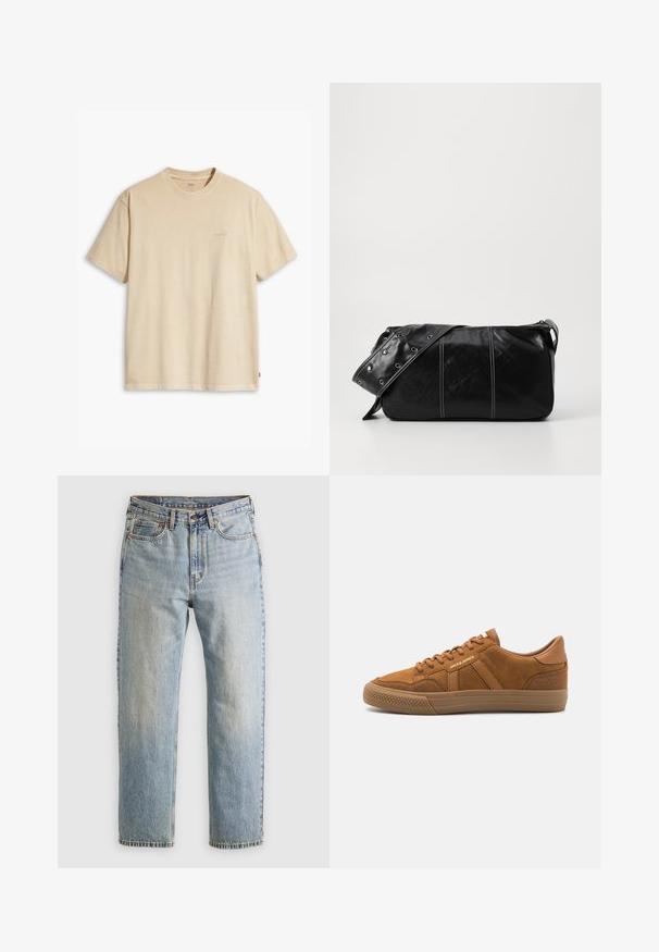 Beige pamut póló kerek nyakkal és rövid ujjakkal. Az elülső részen, ugyanabban a színben, egy diszkrét "Levi's" logó található. Puha tapintású.; Világoskék farmernadrág magas derékkal, elülső gombbal, cipzárral és öt zsebbel, sima háttérre fektetve.; Jack & Jones JFWMORDEN - Sportcipő - cognac; Fekete bőr válltáska, cipzárral zárva, texturált felülettel, fehér varrással és ezüst fémgyűrűs pánttal.