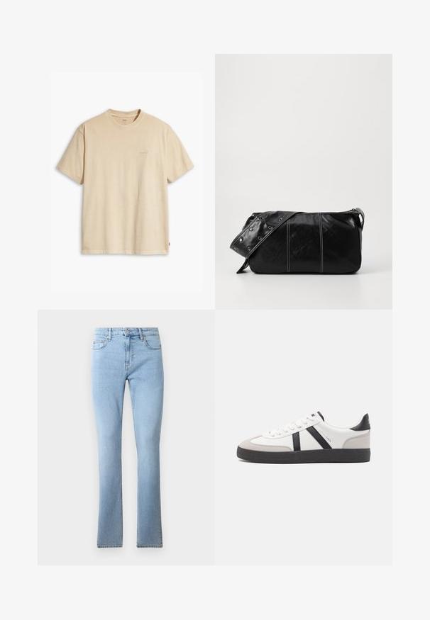 Beige puuvillane t-särk ümmarguse kaeluse ja lühikeste varrukatega. Rinnal on samas värvitoonis tähelepandamatu "Levi's" logo. Pehme tekstuur.; Vaaleansiniset farkut, joissa on leveät lahkeet, keskimäinen vyötärö, viisi taskua ja erottuva tikkaus. Sileä pinta ja klassinen malli.; Valkoiset lenkkarit mustilla ja harmailla yksityiskohdilla, joissa on teksturoitu harmaa kärki, musta kumipohja ja litteät valkoiset nauhat. Siisti muotoilu, minimalistinen tyyli.; Mustakulmainen nahkainen olkalaukku, jossa on vetoketjukiinnitys, teksturoitu pinta, valkoiset ompeleet ja hihna, jossa on hopeiset niitit.