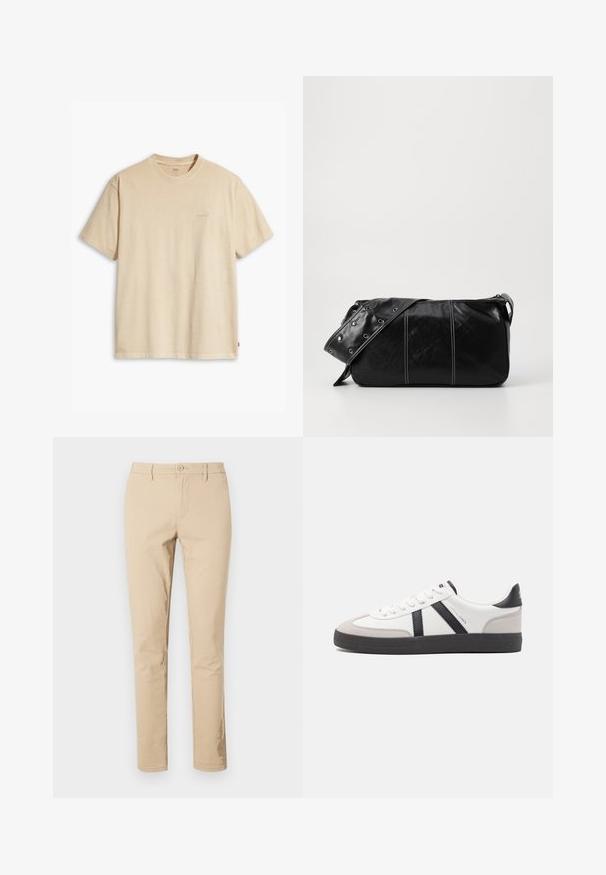 T-shirt in cotone beige con collo rotondo e maniche corte. Presenta un sottile logo "Levi's" dello stesso colore sul petto. Tessuto morbido.; Pantaloni in cotone beige con vestibilità classica, chiusura con zip e bottone, passanti per cintura e orli puliti. Nessun motivo o dettaglio visibile.; Sneaker bianco con accenti neri e grigi, dotata di una punta grigia testurizzata, suola in gomma nera e lacci bianchi piatti. Design pulito, stile minimalista.; Borsa a spalla in pelle nera con chiusura a zip, caratterizzata da un corpo testurizzato, cuciture bianche e una tracolla con occhielli in argento.
