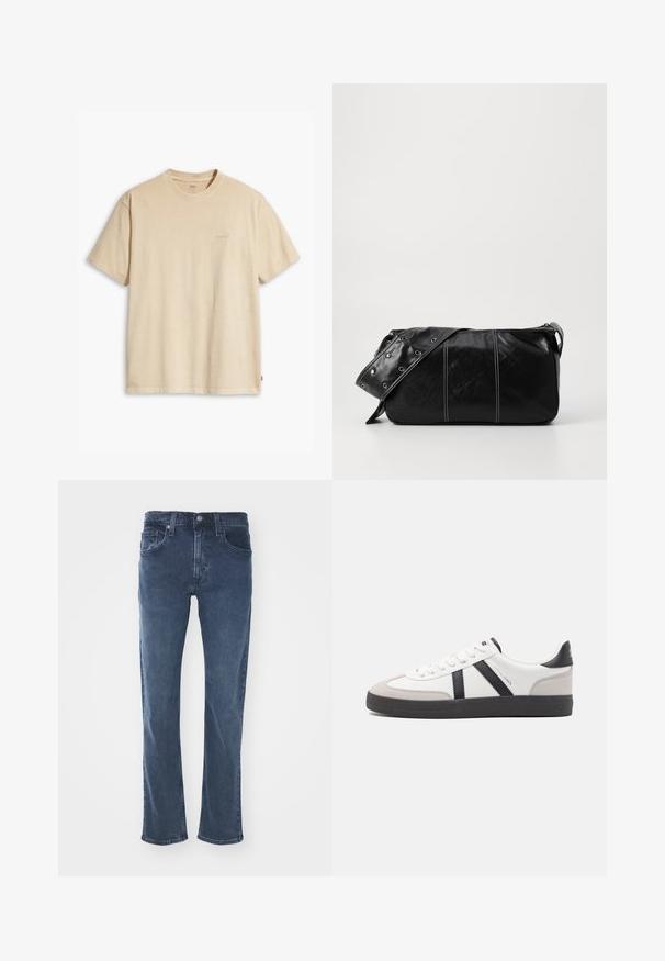 Bež pamučna majica s okruglim izrezom i kratkim rukavima. Sadrži suptilan "Levi's" logo iste boje na prsima. Mekana tekstura.; Tamno plave traperice od denima sa ravnim krojem, dizajnom sa pet džepova, suptilnim detaljima šivanja i klasičnim strukom s kopčom na dugme.; Bijele tenisice s crnim i sivim detaljima, s teksturiranim sivim zaštitnikom prstiju, crnim gumene potplate i ravnim bijelim vezicama. Čist dizajn, minimalistički stil.; Crna kožna torba preko ramena s zatvaranjem na patentni zatvarač, s teksturiranim tijelom, bijelim šavovima i remenom sa srebrnim okovima.