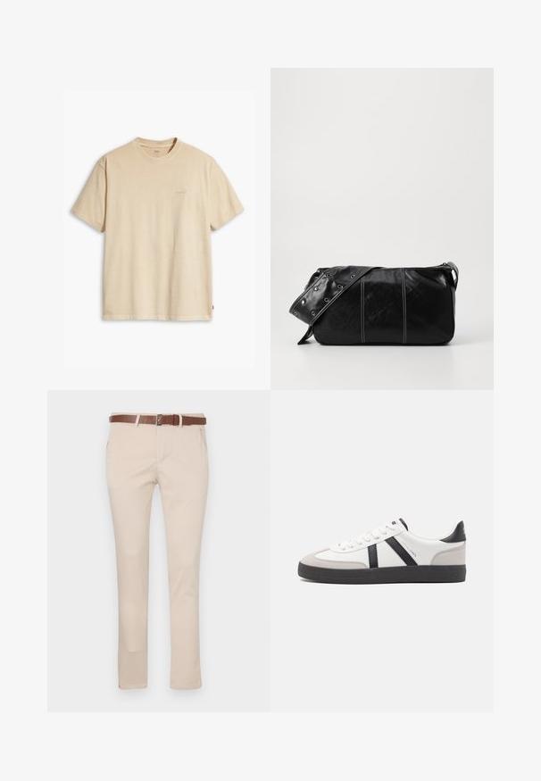 Bež pamučna majica s okruglim izrezom i kratkim rukavima. Sadrži suptilan "Levi's" logo iste boje na prsima. Mekana tekstura.; Bež chinos hlače od pamuka, s smeškim kožnim pojasom, standardnim džepovima i krojem prilagođenim figuri s ravnim nogavicama.; Bijele tenisice s crnim i sivim detaljima, s teksturiranim sivim zaštitnikom prstiju, crnim gumene potplate i ravnim bijelim vezicama. Čist dizajn, minimalistički stil.; Crna kožna torba preko ramena s zatvaranjem na patentni zatvarač, s teksturiranim tijelom, bijelim šavovima i remenom sa srebrnim okovima.