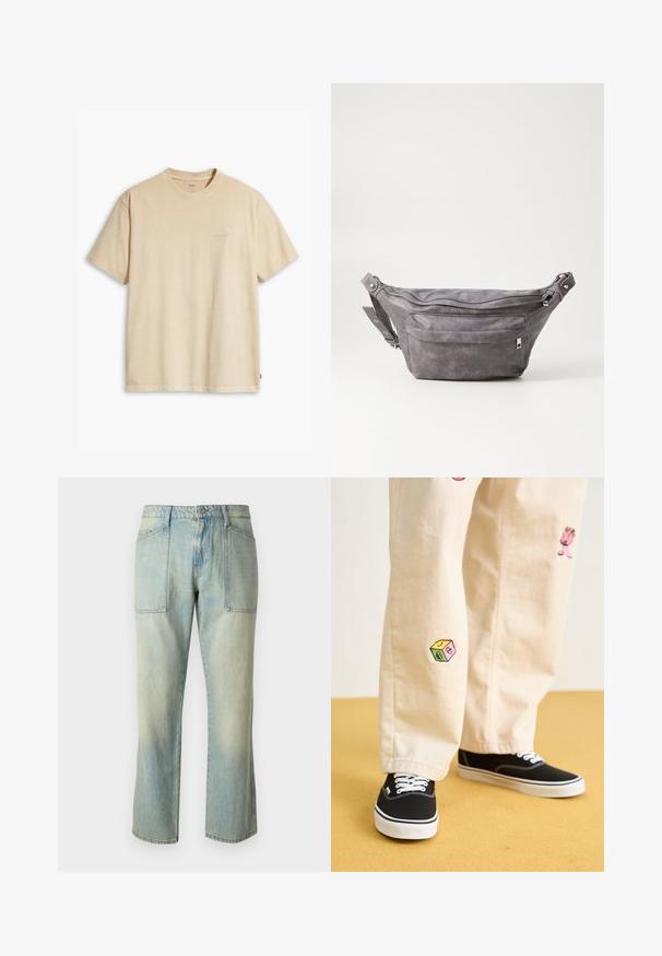 Bež majica s kratkimi rokavi iz bombaža z okroglim izrezom. Na prsih ima subtilen logotip "Levi's" v isti barvi. Mehka tekstura.; Svetlo modri jeans s ravnim krojem, vidnim šivanjem in dvema velikima sprednjima žepoma. Tkanina ima zbledel videz.; Bežna bombažna hlače z igrivimi vezeninami, ki vključujejo roza lik in barvni blok, v kombinaciji s črnimi čipkastimi športnimi copati.; Sivkasta zamšasta torbica s okroglo obliko, dvema žepoma na zadrgo in nastavljivim trakom. Ima kovinske dodatke.