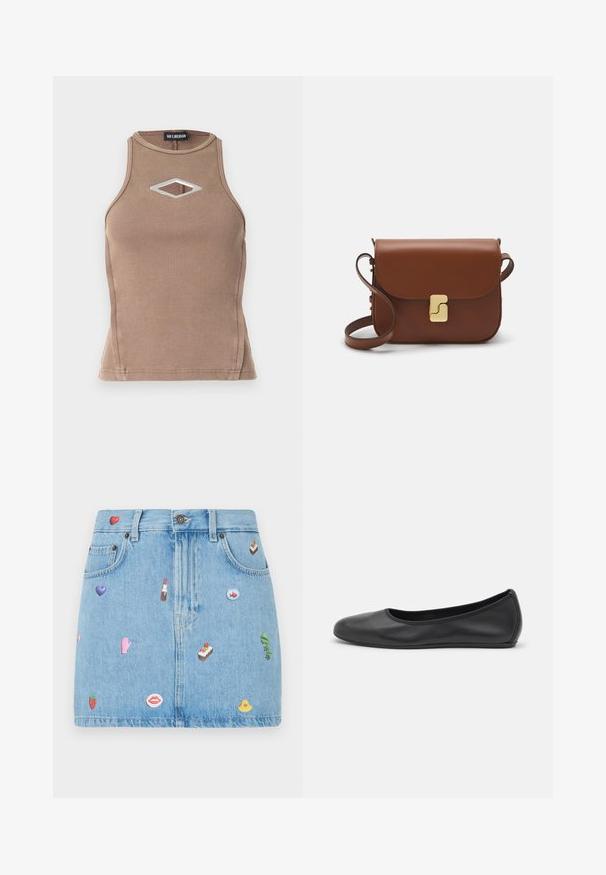 Barna bordázott ujjatlan top, kerek nyakkivágással és gyémánt alakú kivágással, ezüstszínű részletekkel.; Világoskék farmer mini szoknya, öt zsebes kialakítással, az elején különböző színes foltokkal, beleértve a szív, az ajkak és az édességek mintáit.; Fekete bőr balettcipő lekerekített orral, sima tekstúrával, minimális varrással és rugalmas talp kialakítással.; Barna bőr kézitáska, hajtókás zárással, arany színű fém kiegészítőkkel, vállpánttal és sima felülettel. Kompakt téglalap alakú.