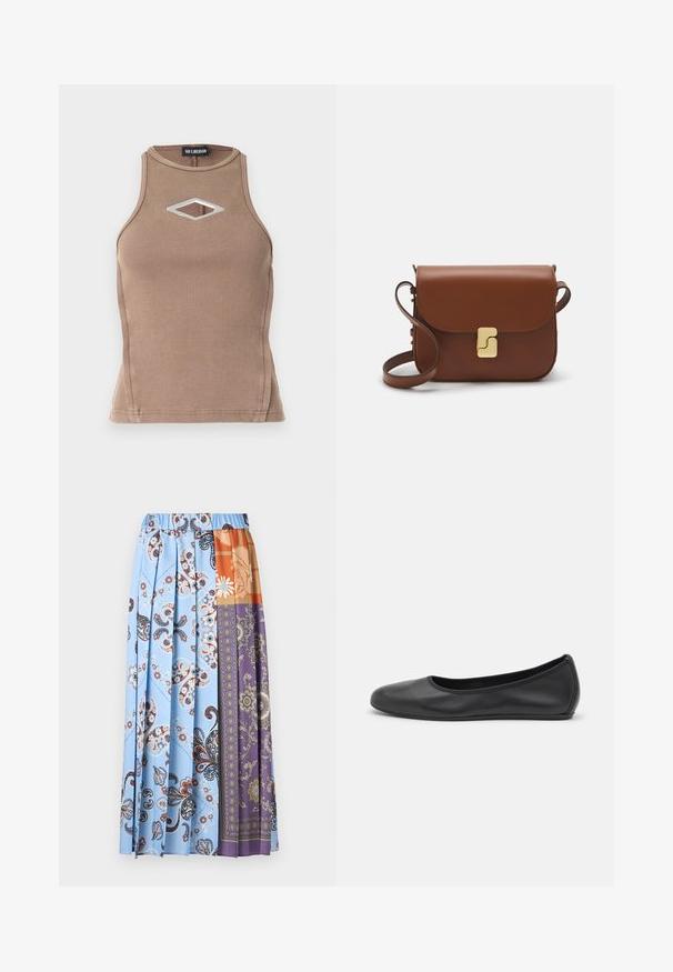 Brun ribbet tanktop med ærmeløs design, rund udskæring og en diamantudskæring med sølvhardwaredetalje.; WEEKEND MaxMara EDERE - Pliceret nederdel /Nederdele med folder - azzurro; Sort læderballetsko med rund tå, glat tekstur, minimal syning og et fleksibelt såldesign.; Brun læder håndtaske med flaplukning, hardware i gyldent tone, en skulderrem og en glat overflade. Kompakt rektangulær form.