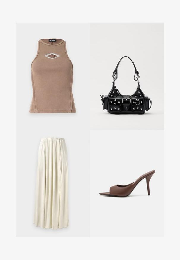 Brūna ribota bezpiedurkņu krekla ar apaļu izgriezumu un dimanta formu izgriezumu ar sudraba detaļu.; Gara krēmkrāsas svārku, ar elastīgu jostasvietu, izgatavota no gludas auduma. Iezīmējas ar mīkstiem krokiem un plūstošu dizainu. Nav redzamu rakstu.; Brūni ādas atvērtas pirksta augstpapēžu čības ar elegantu dizainu, kas iezīmējas ar plašu priekšējo siksniņu un slaidu stiletto papēdi.; Melnas ādas rokturmais ar izliekumu, ar sudraba iedurtiem, sprādzi un divām sānu kabatām. Regulējams siksniņas garums dažādām nēsāšanas iespējām.