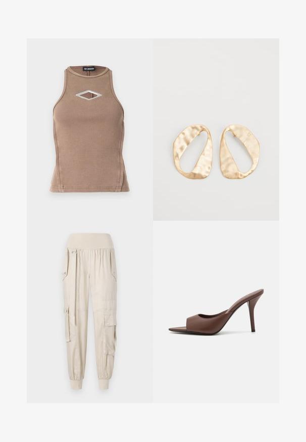 Braunes, geripptes Tanktop mit ärmellosem Design, runder Ausschnitt und einem diamantförmigen Ausschnitt mit silbernem Hardware-Detail.; Beige Cargo-Hosen mit elastischem Bund, schmal zulaufenden Bündchen, Seitentaschen und Knopfdetails. Aus leichtem Stoff mit glatter Textur gefertigt.; Braune Leder-Open-Toe-Hochhackige Mules mit einem eleganten Design, das einen breiten Vorderriemen und einen schlanken Stiletto-Absatz aufweist.; Ein Paar unregelmäßige, oval geformte Ohrringe aus goldfarbenem Metall mit einer strukturierten, leicht gehämmerten Oberfläche auf weißem Hintergrund.