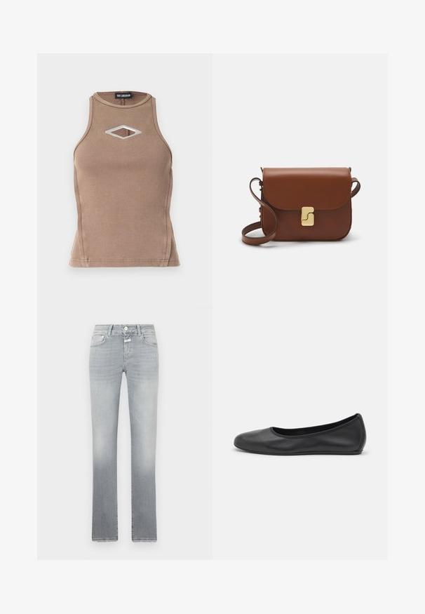 Pruuni ribaga sisetops, mis sisaldab varrukateta disaini, ümmargust kaelust ning teemantikujulist lõiget koos hõbedaste detailidega.; Narrow fit hallgrey denimi püksid, millel on keskmise kõrgusega vöökoht, kerge kulumine ja klassikaline viis taskut disain koos metallist nupuga kinnitamisega.; Musthave mustika tantsutossud mustast nahast, ümmarguse varbaga, siledast tekstuurist, minimaalse õmblusdetailiga ja paindliku tallakujundusega.; Pruunist nahast käekott, millel on klapiga sulgur, kuldne riistvara, õlarihm ja sile tekstuur. Kompaktne ristkülikukujuline vorm.