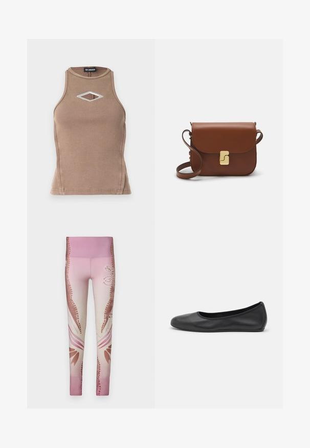 Débardeur marron côtelé avec design sans manches, encolure ronde et découpe en diamant avec détail en métal argenté.; Leggings roses avec un dégradé de clair à foncé, ornés de motifs floraux et d'accents décoratifs sur les côtés. Texture lisse.; Ballerines en cuir noir avec un bout rond, texture lisse, détails de couture minimalistes et design de semelle flexible.; Sac à main en cuir marron avec une fermeture à rabat, des accents en métal doré, une bandoulière et une texture lisse. Forme rectangulaire compacte.