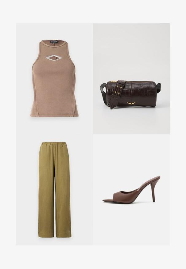 Brown ribbed tank top featuring a sleeveless design, round neckline, and a diamond cut-out with silver hardware detail.; Khaki wide-leg pants with an elastic waistband, made from soft cotton material. Features side slits and a straight cut, offering a relaxed fit.; Brown leather open-toe high-heeled mules with a sleek design, featuring a wide front strap and a slender stiletto heel.; Brown crocodile-embossed leather bag with a cylindrical shape, gold-tone hardware, and a detachable strap featuring studs.