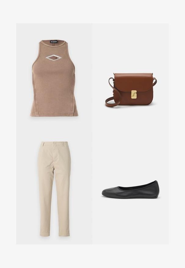 Barna bordázott ujjatlan top, kerek nyakkivágással és gyémánt alakú kivágással, ezüstszínű részletekkel.; Beige színű, egyenes szabású pamut nadrág, övhurkokkal és cipzáros résszel. Az anyag sima tapintású, minta vagy díszítés nélkül.; Fekete bőr balettcipő lekerekített orral, sima tekstúrával, minimális varrással és rugalmas talp kialakítással.; Barna bőr kézitáska, hajtókás zárással, arany színű fém kiegészítőkkel, vállpánttal és sima felülettel. Kompakt téglalap alakú.