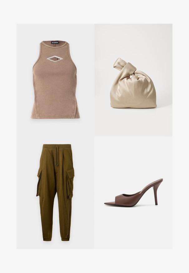 Braunes, geripptes Tanktop mit ärmellosem Design, runder Ausschnitt und einem diamantförmigen Ausschnitt mit silbernem Hardware-Detail.; Olivengrüne Jogginghosen mit Kordelzugbund, zwei große Cargo-Taschen mit Klappen an jeder Seite und gerippten Knöcheln.; Braune Leder-Open-Toe-Hochhackige Mules mit einem eleganten Design, das einen breiten Vorderriemen und einen schlanken Stiletto-Absatz aufweist.; Beige Satinbeutel mit geknotetem Deckel, der eine weiche, glatte Textur und eine runde Form aufweist, entworfen, um einfach und elegant zu sein.