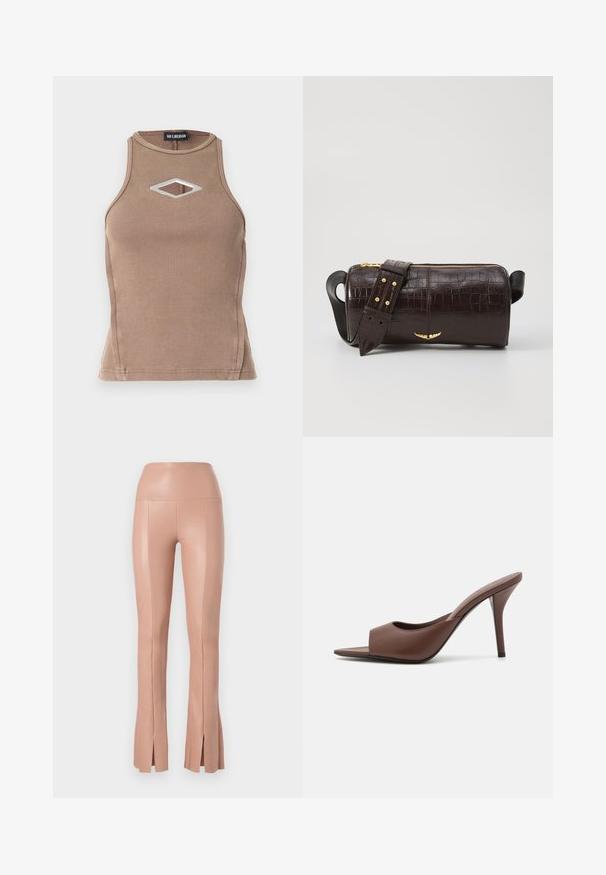 Hnedý rebrovaný top bez rukávov s okrúhlym výstrihom a briliantovým výrezom so striebornou kovovou detailou.; Súhlasné, vysokopásové nohavice v ružovkastej farbe, vyrobené z hladkého, elastického materiálu s postrannými rozparkami na leme. Obsahujú detaily švov.; Hnedé kožené sandále na vysokom opätku s otvorenou špičkou a elegantným dizajnom, s širokým predným pásikom a štíhlou stiletto pätou.; Hnedá taška z kože s embosovaným vzorom krokodíla, cylindrického tvaru, so zlatými hardvérovými doplnkami a odnímateľným popruhom so štítkami.