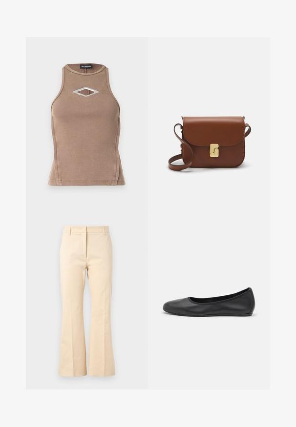 Brązowy ribbed top bez rękawów z okrągłym dekoltem oraz diamentowym wycięciem z detalem ze srebrnego metalu.; Beżowe rozkloszowane spodnie wykonane z bawełny. Charakteryzują się gładką fakturą, prostą talią oraz plisą z przodu, co nadaje im elegancki wygląd.; Czarne skórzane baletki z zaokrąglonym noskiem, gładką fakturą, minimalnymi przeszyciami i elastycznym designem podeszwy.; Brązowa skórzana torebka na ramię z klapką, złotymi detalami, paskiem na ramię i gładką teksturą. Kompaktowy prostokątny kształt.