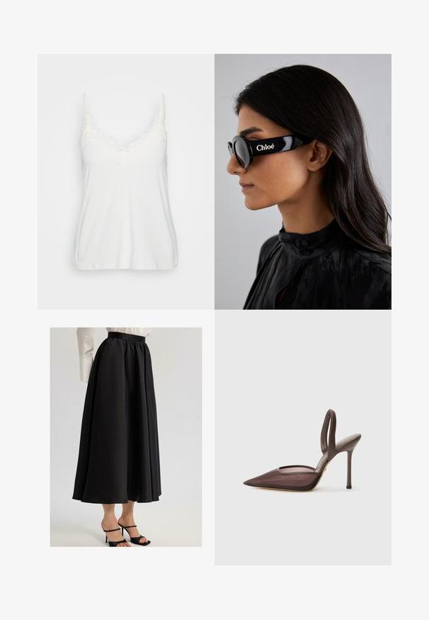 Balta topiņa ar V veida izgriezumu, delikātu mežģīņu apdari, plānām regulējamām siksnām un maigu, gludu audumu.; Melnā maksi svārki, izgatavoti no gludas auduma, ar savērptu jostu un plūstošu dizainu, kopā ar melniem sandalēm uz siksniņām.; Brūns siksniņu augstpapēžu kurpe ar norādītu purngalu un sietu. Iespējas ietver plānu papēdi un atvērtu daļu pa malām.; Melni saulesbrilles ar apaļiem lēcām un izteiksmīgiem, leņķainiem rāmjiem, uz kuriem malā baltā krāsā ir zīmols "Chloé". Gluda, spīdīga virsma.; Zelta tonis taisnstūra rokas pulkstenis ar balto ciparnīcu, sudraba tonis stundu rādītājiem un izturīgu metāla saiti. Iekļauta ūdens izturība.