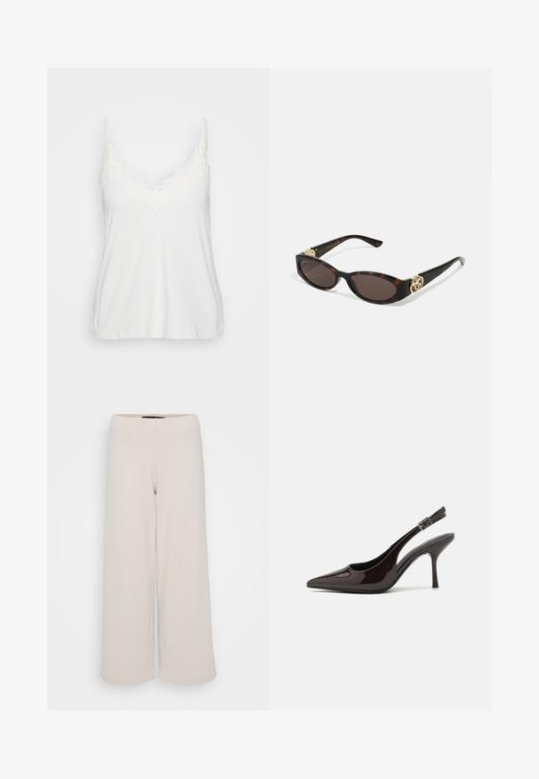 Bela kamizola z V-izrezom s nežnim čipkastim obrobom, tankimi nastavljivimi naramnicami in mehko, gladko tkanino.; Široke hlače v svetlo bež barvi, izdelane iz mehke tkanine. Imajo gladek pas in preprost, neokrašen dizajn z enakomernim robom.; Slingback visoke pete v sijajni temno rjavi lak koži, koničastim nosom, odprtimi stranmi in nastavljivim gležnjenčkim trakom.; Kornjačaste sunčane naočale s izduženim ovalnim lećama, smeškim tonovima, zlatnim logotipom na drškama i elegantnim crnim rukohvatima.; Zlate uhane s spiralnim vzorcem in prozornim podlaganjem, ki imajo teksturirane zlate detajle in majhne prozorne gemstones, vdelane v oblikovanje.