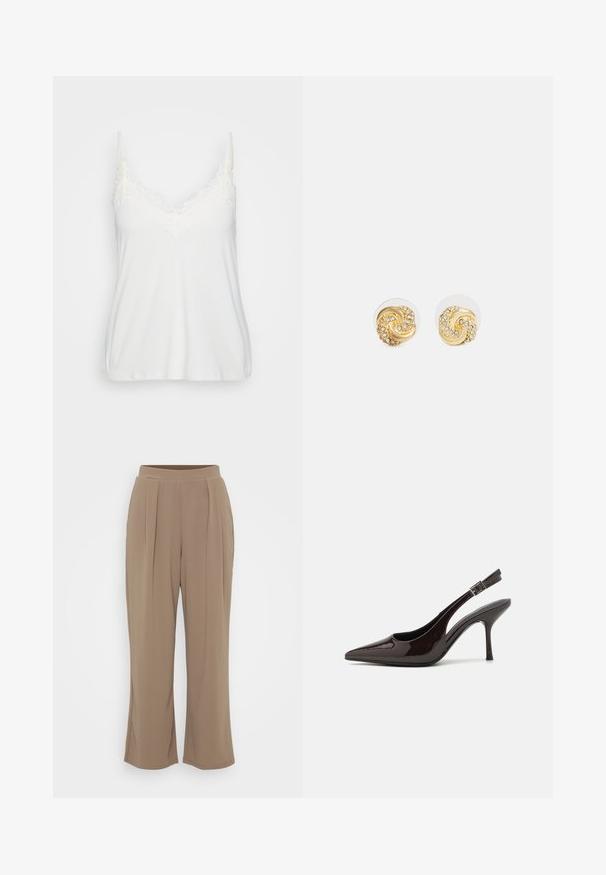 Valge kampsun, millel on V-kujuline kaelus, õrn pitsäär, õhukesed reguleeritavad rihmad ja pehme, sile kangas.; Pruunid, laiad püksid pehmest kangast, millel on esipidurid ja elastsest vöökoht mugavuseks. Puhas, minimalistlik disain.; Kare kõrge kontsaga king, läikiv tumepruun lakknahast, terava nina, avatud külgedega ja reguleeritava pahkluuringiga.; Kuldne spiraalidega kõrvarõngad selgete tagustega, mis sisaldavad tekstureeritud kuldseid aktsente ja väikeseid selgeid vääriskive disainis.