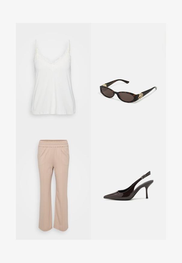 Bela kamizola z V-izrezom s nežnim čipkastim obrobom, tankimi nastavljivimi naramnicami in mehko, gladko tkanino.; Svetlo bež hlače z elastičnim pasom in sproščenim krojem. Imajo vertikalne šive in mehko, gladko tkanino. Oblika hlačnic je razširjena.; Slingback visoke pete v sijajni temno rjavi lak koži, koničastim nosom, odprtimi stranmi in nastavljivim gležnjenčkim trakom.; Kornjačaste sunčane naočale s izduženim ovalnim lećama, smeškim tonovima, zlatnim logotipom na drškama i elegantnim crnim rukohvatima.; Zlate uhane s spiralnim vzorcem in prozornim podlaganjem, ki imajo teksturirane zlate detajle in majhne prozorne gemstones, vdelane v oblikovanje.