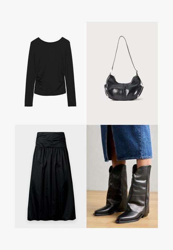 Czarna bluzka z długim rękawem i okrągłym dekoltem, z marszczeniami po bokach oraz gładkiego, elastycznego materiału. Minimalistyczny design.; Czarna, mid-length spódnica z marszczonym wzorem, wykonana z gładkiego materiału. Posiada szeroki, marszczony pas w talii.; Pavement CALLISTA czarny; Czarna skórzana torba w kształcie półksiężyca na ramię z srebrnymi zamkami błyskawicznymi po obu stronach i pojedynczym paskiem.