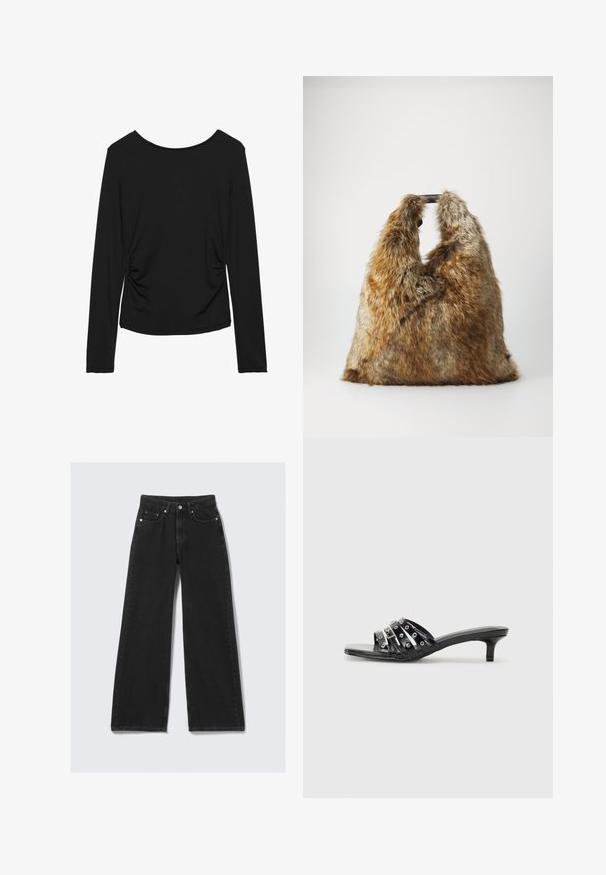 Fekete, hosszú ujjú felső, kerek kivágással, oldalt ráncolással és sima, rugalmas anyagból készült. Minimalista dizájn.; Széles szárú fekete farmernadrág, karcsú derékrésszel, strapabíró anyagból, elülső zsebekkel és aranyszínű fém részletekkel.; Fekete magassarkú szandálok, amelyek fényes pántokkal és fémes részletekkel rendelkeznek, hegyes orral és szerény kiscipő sarkakkal. Simább textúra.; Barna és szürke műszőrme kézitáska rövid fekete fogantyúkkal, egyenesen állva egy sima fehér háttér előtt.