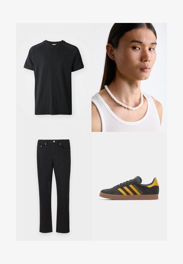Μαύρη βαμβακερή μπλούζα με στρογγυλή λαιμόκοψη, κοντά μανίκια και σχέδιο ραγλάν. Διαθέτει υφή λογότυπο στο αριστερό μέρος του στήθους. Λείο φινίρισμα.; Μαύρα τζιν παντελόνια με ίσια γραμμή, διαθέτουν πέντε τσέπες και ασημένια μεταλλικά στοιχεία με λεία υφή. Χωρίς μοτίβα ή αξεσουάρ.; Μαύρο σουέτ αθλητικό παπούτσι με κίτρινες λεπτομέρειες, διαθέτει τρεις ρίγες και καφέ λάστιχο σόλα. Περιλαμβάνει επενδυμένη γλώσσα για άνεση.; Άσπρο κολιέ από κοχύλια, αποτελούμενο από ακανόνιστα σχήματα, φορεμένο πάνω από ένα εφαρμοστό άσπρο μπλουζάκι χωρίς μανίκια. Λείο υλικό με διακριτική γυαλάδα, κλειστή γραμμή.