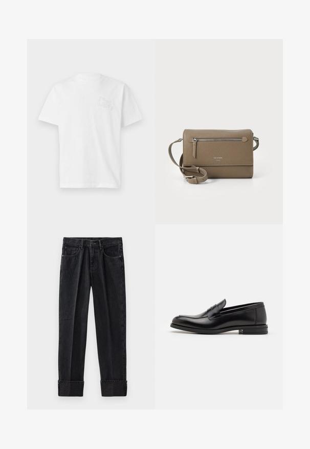 Valkoinen puuvillapaita, jossa on lyhyet hihat ja pyöreä kaula-aukko. Vasemmassa rintamuksessa on brodeerattu "sielu"-teksti. Yksinkertainen muotoilu.; Mustat farkut rentoa istuvuutta, joissa on käänteet ja kohokuvioitu brändäys helmassa. Klassinen viisi-taskumuotoilu, jossa on kontrastiväriset saumaukset.; Mustat nahkakengät, joissa on sileä pinta, pyöreä kärki ja koristeellinen nauha jalkapöydän yli. Matala pinoitu koroke, minimalistinen muotoilu.; Harmaa nahkainen olkalaukku, jossa on vetoketjulla varustettu etutasku, säädettävä hihna, kivi- tai rosoinen pinta ja kohokuvioitu logo edessä.