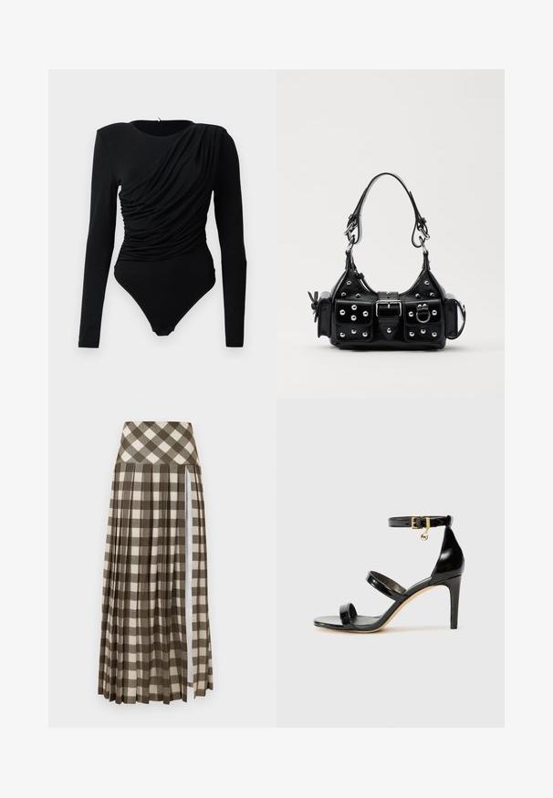 Melna garuma piedurkņu bodijmaika ar asimetrisku drapējumu priekšpusē un snap aizdari kakla zonā.; Garšīga, krokota svārku kleita ar brūnu un bēšu pārbaudītu rakstu. Augsta jostas dizains ar sānu šķēlumu un mīkstu auduma tekstūru.; Melnas lakota ādas sandalēs ar trim siksnām, potītes sprādzi un 4 collu stiletto papēdi. Iespējas ar zelta detaļām un logotipa piekariņu.; Melnas ādas rokturmais ar izliekumu, ar sudraba iedurtiem, sprādzi un divām sānu kabatām. Regulējams siksniņas garums dažādām nēsāšanas iespējām.