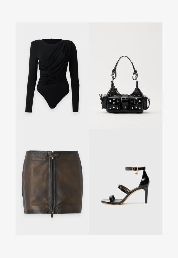 Črn bodi z dolgimi rokavi z asymetričnim nabranim draperijem spredaj in s pokrovčki za zapenjanje med nogami.; Črna usnjena mini krilo z zadrgo spredaj, gladka tekstura in ozka pasnica. Ima majhen kovinski dodatek na pasnici.; Črne lakirane sandale s tremi trakovi, zaponko okoli gležnja in 10-centimetrsko stiletto peto. Imajo detajle iz zlatega kovanja in logotipni čar.; Črna usnjena torbica s ukrivljenim dizajnom, ki vsebuje srebrne žebljičke, zaponko in dve stranski žepki. Nastavljiv trak za različne možnosti nošenja.