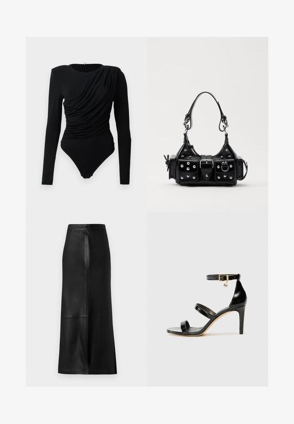 Schwarzer Langarm-Body mit asymmetrischer Raffung und Drapierung an der Vorderseite sowie Druckknöpfen im Schritt.; Schwarzer Lederrock mit gerader Silhouette, ausgestattet mit einer Rückenschlitz, glatter Textur und sichtbaren Nahtdetails.; Schwarze Lackleder-Sandale mit drei Riemen, Knöchelriemen und 10 cm hohen Stiletto-Absatz. Verfügt über goldfarbene Hardware-Details und ein Logo-Charm.; Schwarze Lederhandtasche mit einem geschwungenen Design, verziert mit silbernen Nieten, einer Schnalle und zwei seitlichen Taschen. Verstellbarer Träger für verschiedene Tragemöglichkeiten.