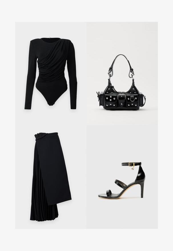 Musthave mustaga sleevesega mustaga bodi, millel on asümmeetrilised voldid ees ning snapsulged kubeme piirkonnas.; Mustmust ja kerge kangast must plisseeritud seelik. Omab drapeeritud vööd ja voolavat siluetti kihilise plisseeringuga.; Must musta nahk sandaal kolme rihmaga, pahkluu vööga ja 4-tollise stilettakontsaga. Omab kuldset detaili ja logovõtit.; Must värvi nahast käekott, millel on kaarjas disain, hõbedased nupukesed, kinnitusahe ja kaks külgtaskut. Reguleeritav rihm erinevate kandmisvõimaluste jaoks.