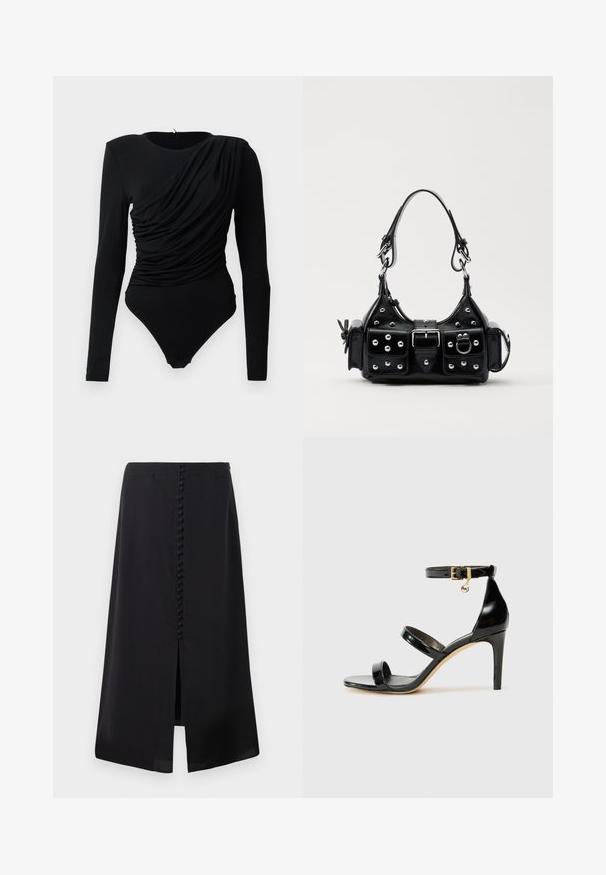 Black long-sleeve bodysuit with asymmetrical ruched draping across the front and snap fasteners at the crotch.; Black midi skirt made of smooth fabric, featuring a front slit and a row of small buttons down the back for detail.; Black patent leather sandal with three straps, ankle buckle, and 4-inch stiletto heel. Features gold hardware detail and logo charm.; Black leather handbag with a curved design, featuring silver studs, a buckle, and two side pockets. Adjustable strap for carrying options.