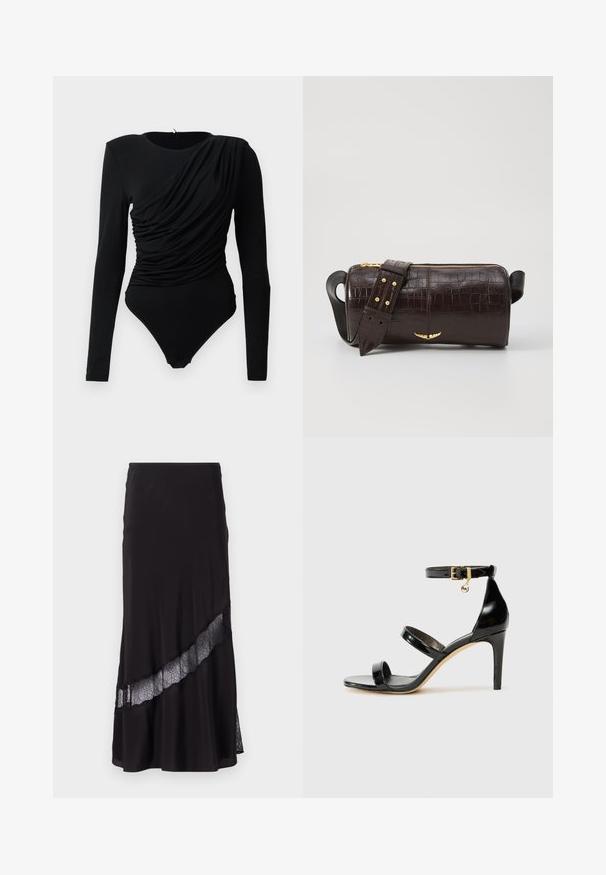 Juodas ilgos rankovės bodis su asimetriniu raukšlėjimu per priekį ir spaustukais kirkšnyje.; Juoda sijonas, pagamintas iš lygaus audinio, su nėrinių įsiuvu, esančiu įstrižai per apatinį kraštą. Išsiplėtęs dizainas su subtiliu spindesiu.; Juodas patentuotas odinis sandalai su trimis diržais, kulkšnies sagtimi ir 4 colių stiletto kulnu. Yra aukso detalės ir logotipo žavesys.; Ruda krokodilo odspaudo odinė rankinė cilindro formos, su auksinėmis detalėmis ir nuimamu dirželiu, papuoštu studelėmis.