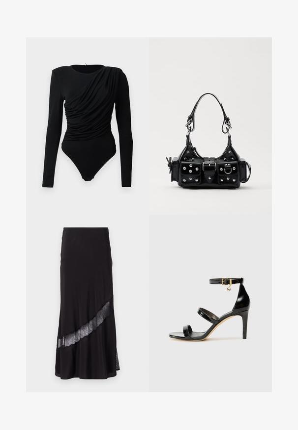 Čierny body s dlhým rukávom a asymetrickým skladaním cez prednú časť, so zapínaním na cvoky v rozkroku.; Čierna sukňa vyrobená z hladkej tkaniny, s čipkovým vložením šikmo cez lem. Rozšírený strih s jemným leskom.; Čierne lakované sandále s tromi pásikmi, spona na členku a 10 cm ihlovým podpätkom. Obsahujú zlaté detaily s hardwarem a logo prívesok.; Čierna kožená kabelka s zakriveným dizajnom, doplnená striebornými cvočkami, prackou a dvoma bočnými vreckami. Nastaviteľný popruh poskytuje rôzne možnosti nosenia.