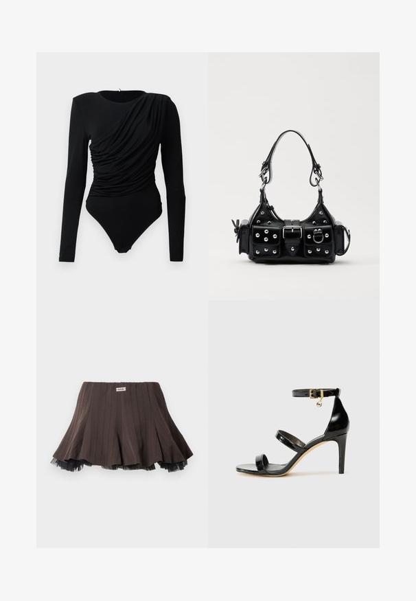 Schwarzer Langarm-Body mit asymmetrischer Raffung und Drapierung an der Vorderseite sowie Druckknöpfen im Schritt.; Brauner, plissierter Rock aus einem strukturierten Stoff, mit einem mehrlagigen schwarzen Tüllbesatz am Saum und einem kleinen Logolabel am Bund.; Schwarze Lackleder-Sandale mit drei Riemen, Knöchelriemen und 10 cm hohen Stiletto-Absatz. Verfügt über goldfarbene Hardware-Details und ein Logo-Charm.; Schwarze Lederhandtasche mit einem geschwungenen Design, verziert mit silbernen Nieten, einer Schnalle und zwei seitlichen Taschen. Verstellbarer Träger für verschiedene Tragemöglichkeiten.